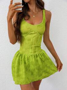 Chiquease 时尚性感破洞扎染印花无袖连衣裙 - 青檸色 - 查看 7