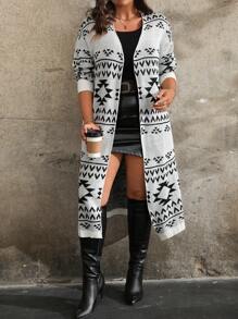 SHEIN LUNE Plus Size Women's Geometric Pattern Long Sleeve Long Casual Open Cardigan, Autumn Winter Fall Cloth For Women