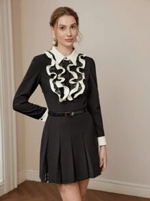 MOTF PREMIUM CONTRAST LACE RUFFLE TRIM PLEATED HEM BELTED SHORT DRESS