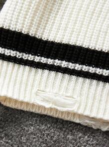 Suéter holgado, cálido y cómodo con cuello en V a rayas para niña preadolescente, estilo casual para principios del invierno - Blanco y Negro - Ver 4