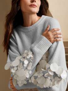Anewsta Hand-Embellished Bead & Sequin Soft Knit Sweater Knit Pullover Fall Winter Outfit - Grey - View 4