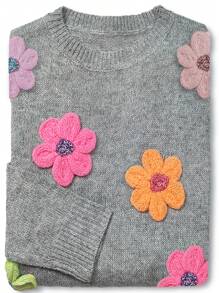 Chiquease Áo len cổ tròn dáng rộng, thoải mái, họa tiết hoa 3D nhiều màu sắc, thời trang thu đông, dịu dàng, nhẹ nhàng, kiểu dáng giản dị, chất liệu dệt kim. - Nhiều màu - Xem 1