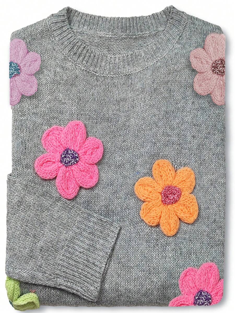 Chiquease Áo len cổ tròn dáng rộng, thoải mái, họa tiết hoa 3D nhiều màu sắc, thời trang thu đông, dịu dàng, nhẹ nhàng, kiểu dáng giản dị, chất liệu dệt kim. - Nhiều màu - Xem 1