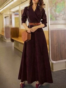 Europe And The United States Burst Simple Lapel Solid Color French Retro Women Waistband Dress Y2K Autumn And Winter Corduroy Suit Collar Long Sleeve Slimming Elegant Pocket Lady Mid-Length Dress