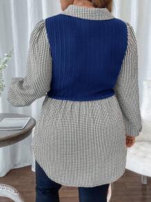 SHEIN LUNE Áo tay đèn lồng kẻ caro chắp vá thường ngày cỡ lớn cho nữ mùa thu - Màu xanh hải quân - Xem 2