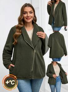 EMERY ROSE 大码秋季曲线感恩节女士毛绒纯色前拉链长袖休闲外套 - 橄欖綠 - 查看 2