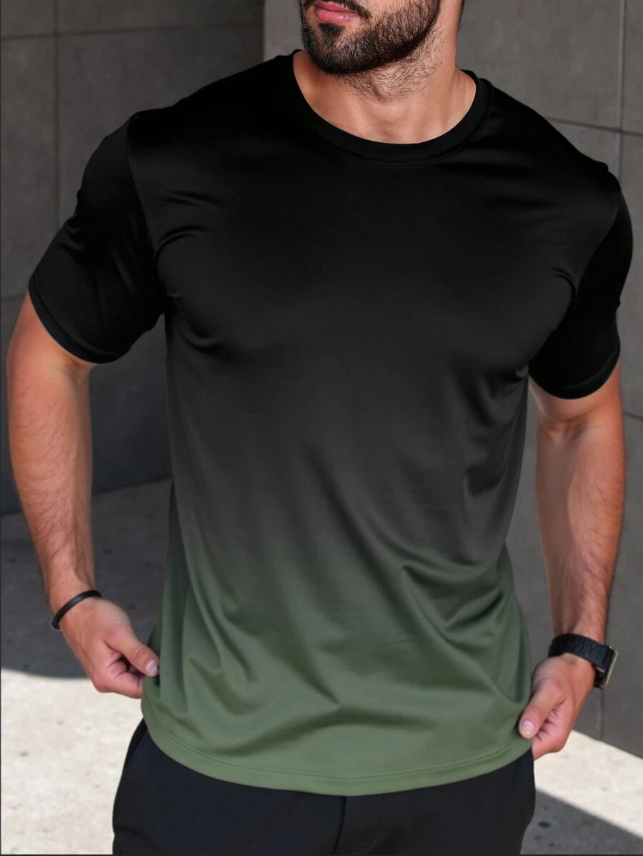 Manfinity Homme 男士渐变色圆领短袖休闲 T 恤，夏季 - 彩色 - 查看 1