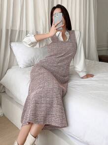 DAZY 女士粗花呢无袖中长款美人鱼连衣裙，秋季服装 - 粉色 - 查看 3