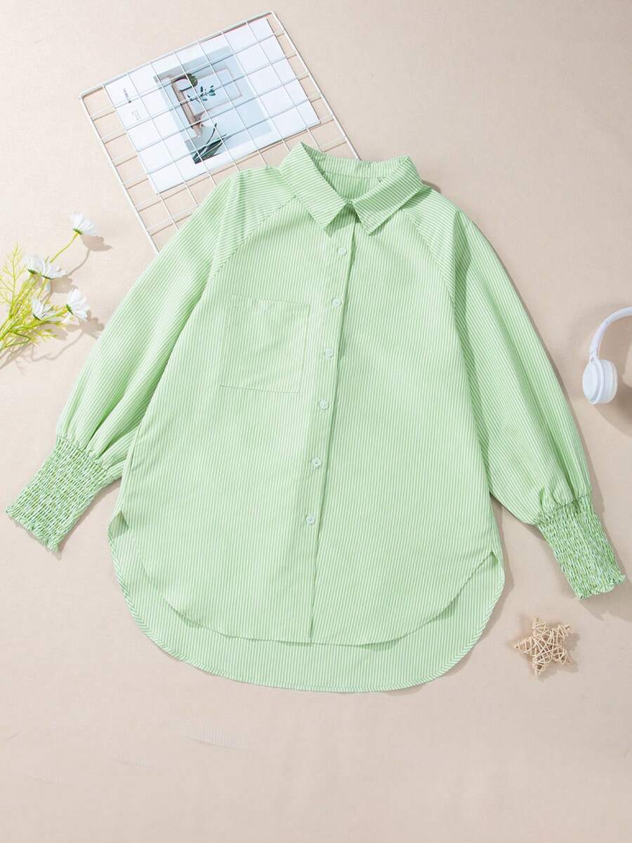 ASVIVID 1pc Women's Casual Loose Striped Adjustable Cuff Shirt, Spring And Autumn