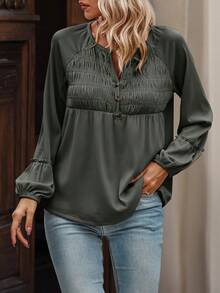 Women's Solid Color Pleated Casual Long Sleeve T-Shirt, Spring Autumn