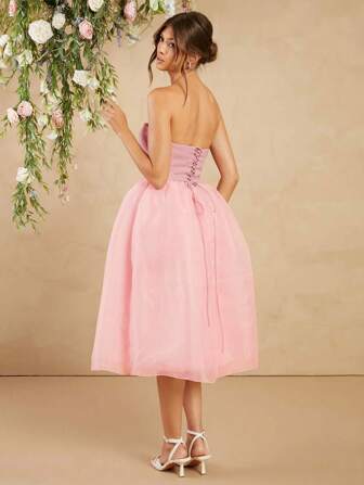 L'Amorae 编织欧根纱修身喇叭形无袖中长连衣裙