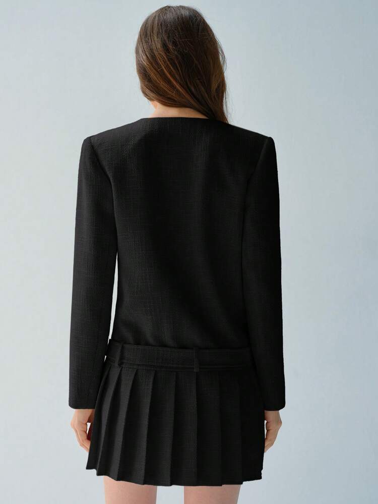 Women's Solid Color V-Neck Single-Breasted Pleated Hem Long Sleeve Elegant Short Dress