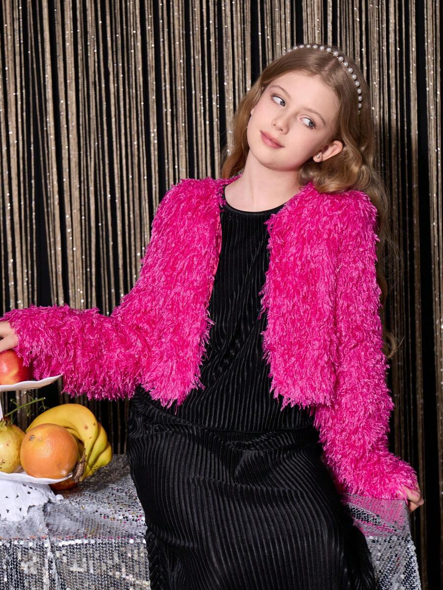 SHEIN Tween Girl Elegant  Party Short Fluffy Cardigan