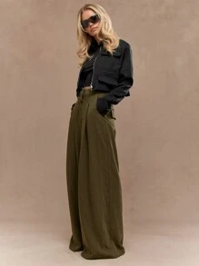 MISSGUIDED 精裁褶皱双腰抽绳阔腿裤 - 軍綠色 - 查看 5