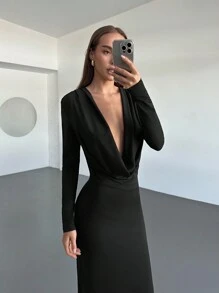 Aloruh Đầm dự tiệc ôm vừa vặn cổ khoét sâu gợi cảm thời trang dành cho nữ, Thu/Đông - màu đen - Xem 3