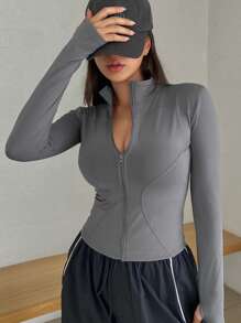 DAZY Chaqueta ajustada con cremallera delantera de unicolor, primavera otoño - Gris - Ver 7