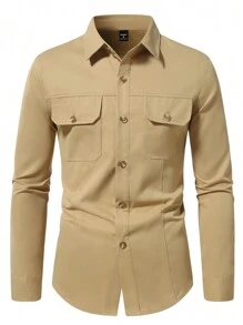 Manfinity Homme Men's Front Button Long Sleeve Pocket Simple Casual Jacket - Khaki - View 6