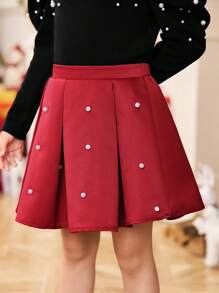 SHEIN Young Girl Woven Solid Color Beaded Casual Skirt, For Christmas