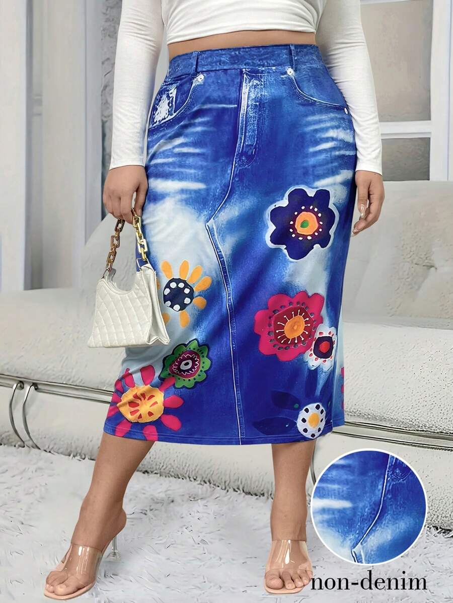 SHEIN LUNE Váy denim in họa tiết hoa cỡ lớn cho nữ - Màu xanh lam - Xem 1