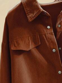 Women's Solid Color Drop Shoulder Long Sleeve Casual Shirt, Spring/Autumn,Long Sleeve Tops - Mocha Brown - View 4