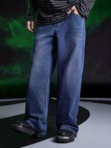 ROMWE MEN Beetlejuice | ROMWE Men Casual Cartoon And Letter Printed Wide Leg Jeans - Purple - View 3