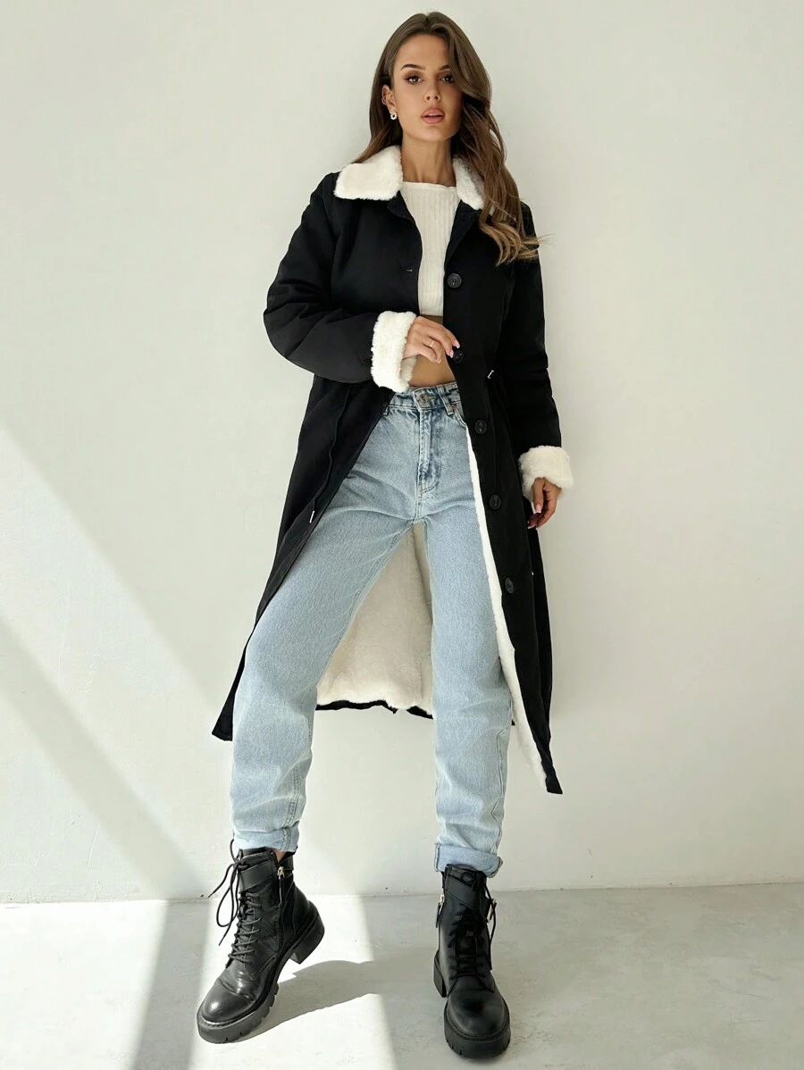 SHEIN Privé Women Mid-Length Waist Drawstring Ruched Pocket Casual Jacket - Black - View 1