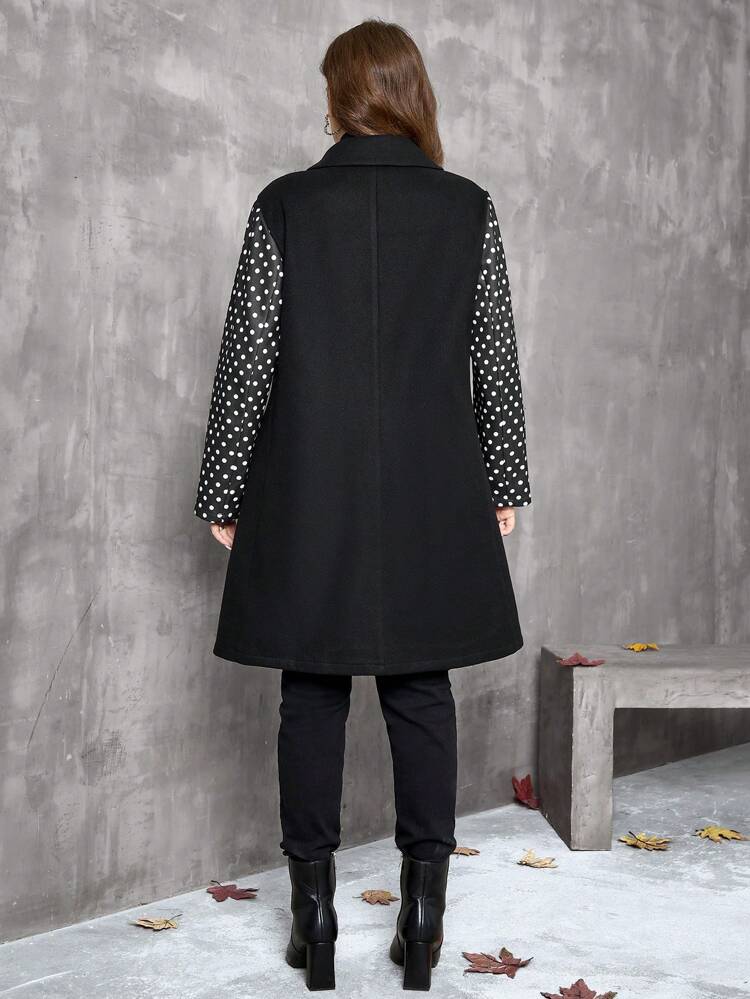 Plus Size Women Polka Dot Print Patchwork Long Sleeve Lapel Single-Breasted Long Coat Jacket, Winter Coat, Autumn&Winter Women Clothes