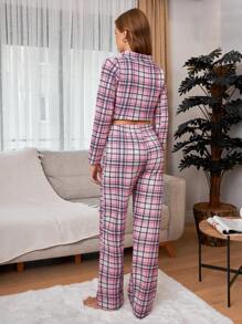 RueChic 2Pcs   Plaid Printed V-Neck Homewear Lounge Set - Multicolor - View 2