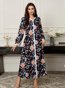 Al Najma Solid Color Splice Notched Neck Long Sleeve Modest Dress, Casual Daily Wear - Black - View 1