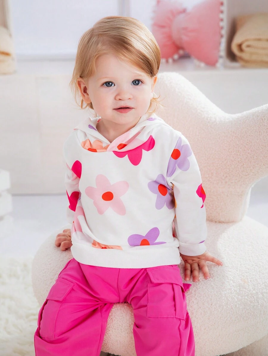 女婴花卉印花连帽运动衫和纯色工装裤套装