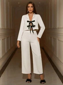 Allurite Conjunto de blazer de manga larga con doble lazo decorativo y pantalones para mujer, conjunto de otoño para mujer, atuendo de Navidad, ropa de Navidad, conjunto de fiesta de Navidad, conjunto de fiesta de vacaciones, atuendo de cumpleaños para mujer, conjunto de Año Nuevo, conjunto del Día de San Valentín