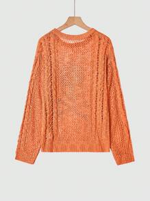 SHEIN LUNE Women's Skull Pattern Oversized Crew Neck Hollow-Out Knit Long Sleeve Sweater, Autumn/Winter, Knit Pullover Fall - Orange - View 2
