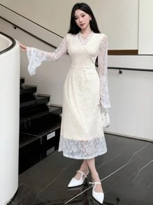 DAZY V-Neck Lace Midi Dress For Women,Ruffle,Fall Clothes Long Sleeve Dress - White - View 4