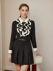 MOTF PREMIUM CONTRAST LACE RUFFLE TRIM PLEATED HEM BELTED SHORT DRESS