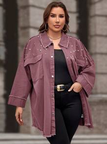 SHEIN LUNE Plus Size Women's Casual Loose Fit Faux Pearl Decorated Drop Shoulder Long Sleeve Jacket, Spring/Autumn Winter Fall - Redwood - View 4