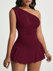 Zolique Women's Shoulder Strap Ruffle Trim Bodycon Romper