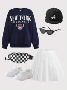 SHEIN 2pcs Teen Girl Knit Solid Color Letter Print Crew Neck Sweatshirt And Anti-Flash Short Pleated Mini Skirt Set - Blue and White - View 1