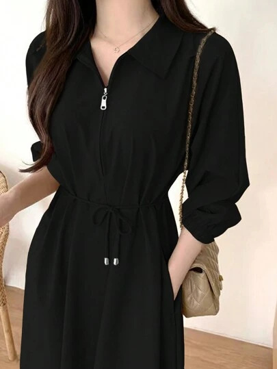 欧美时尚女装法式简约半身裙女翻领系带收腰显瘦纯色全休闲chic七分袖秋季女装中长款连衣裙