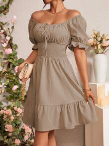 Chiquease Vestido mini de vacaciones para mujer con mangas abullonadas, cintura ceñida, frente atado y plisado de color liso