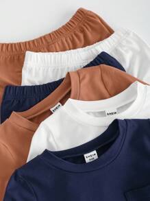 SHEIN Bộ 6 món/Bộ quần áo thun dài tay cổ tròn túi màu đơn giản cho bé trai, phù hợp với mọi mùa - Nhiều màu - Xem 5
