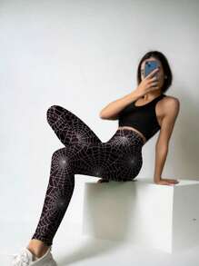 SHEIN SXY 全身蜘蛛网印花紧身女式长款紧身裤，万圣节服装