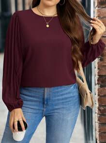 SHEIN LUNE Plus Size Women's Spring Summer Plain Round Neck Pleated Lantern Sleeve Elegant Blouse