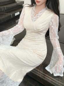 DAZY V-Neck Lace Midi Dress For Women,Ruffle,Fall Clothes Long Sleeve Dress - White - View 7