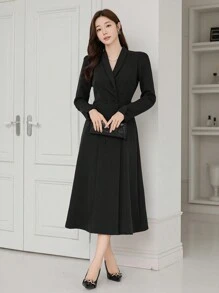 DAZY 女士优雅纯色翻领长袖商务连衣裙、返校服、秋季连衣裙 - 黑色 - 查看 4