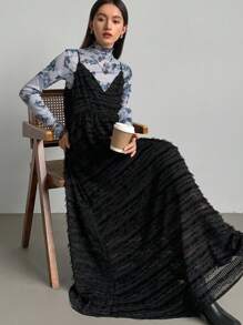 FRIFUL 女士纹理荷叶边吊带中长连衣裙