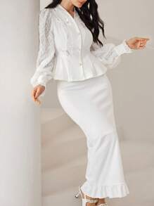 Modelyn Bộ 2 món Áo dài tay đính nút phía trước họa tiết bướm và chân váy thanh lịch cho nữ - trắng - Xem 8