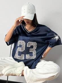 SHEIN EZwear Navy Blue Mesh Printed T-Shirt For Women - Navy Blue - View 3