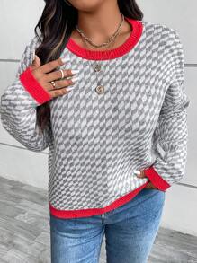 SHEIN LUNE Plus Size damski swobodny sweter w kratę z kontrastowym wykończeniem, jesień/zima, Boże Narodzenie, odzież damska - Wielokolorowe - Zobacz 1
