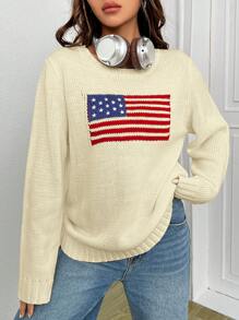 SHEIN EZwear 宽松休闲秋季美国国旗图案毛衣 - 杏色 - 查看 5