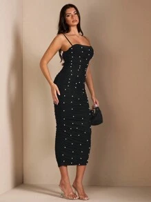 SHEIN BAE 女式无袖修身长裙，带串珠胸部细节，颜色，夏季